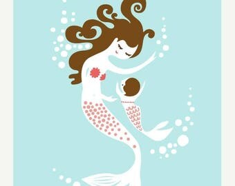 SUMMER SALE 8X10" mermaid mother and baby girl giclee print on fine art paper. sky blue, coral pink, brunette.