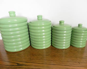 Green Canister Set, Jadeite Green Canister Set, Stoneware Canister Set, 4pc Canister
