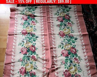 Vintage Barkcloth Roses Fabric Faille Boudoir Shabby