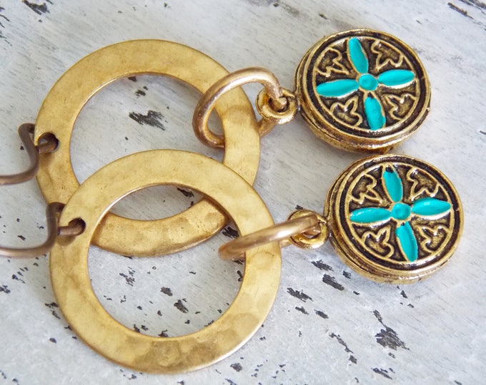 Boho Earrings Brass Turquoise Gold Cast Earrings Dangle Earrings Hammered Textured Metal Hoop Earrings Brass Jewelry GIft