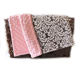 SALE Minky Baby Blanket, Personalized Damask White Pink Gray Girl - Nursery Decor Girl // Name Baby Blanket // Baby Gift / Damask Blanket