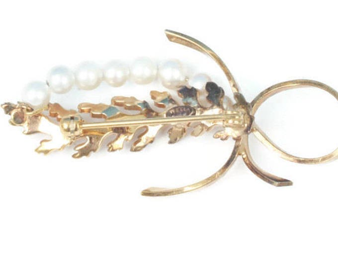 Cultured Pearl Leaf Brooch Goldwash Sterling Retro Foliate Design Designer Signed Vintage