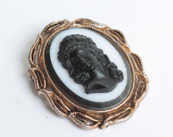 Black Glass High Relief Cameo Molded Glass Gold Tone Frame Vintage