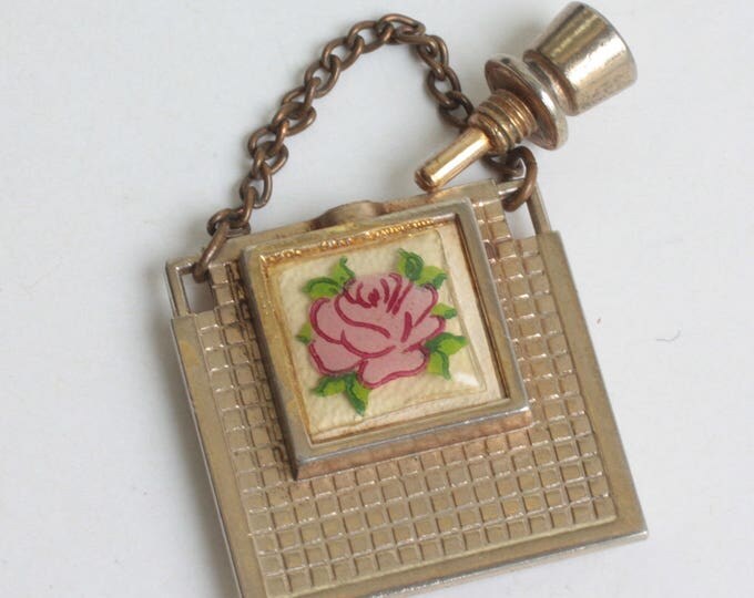 Miniature Perfume Flask Pink Rose Decoration Gold Tone Metal Vintage