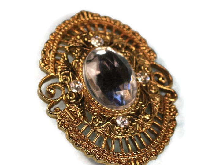 Victorian Revival Filigree Brooch Clear Cabochon Center 1928 Jewelry Company Vintage