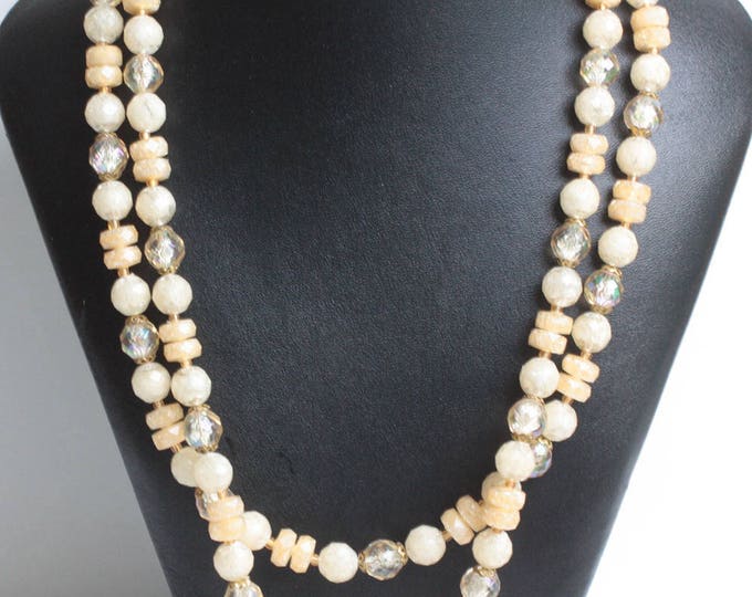 Two Strand Bead Necklace Pale Yellow and Frosted White Beads West Germany Vintage