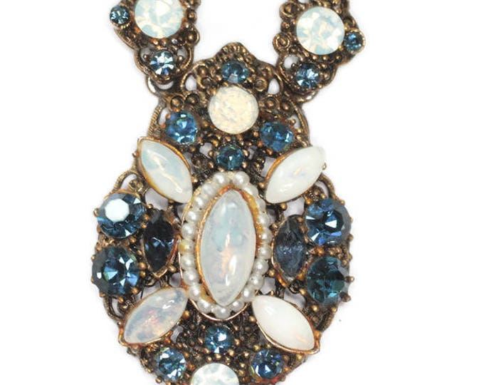 Blue Rhinestone Opalescent Stone Necklace Unsigned Weiss Fancy Setting Antiqued Gold Tone