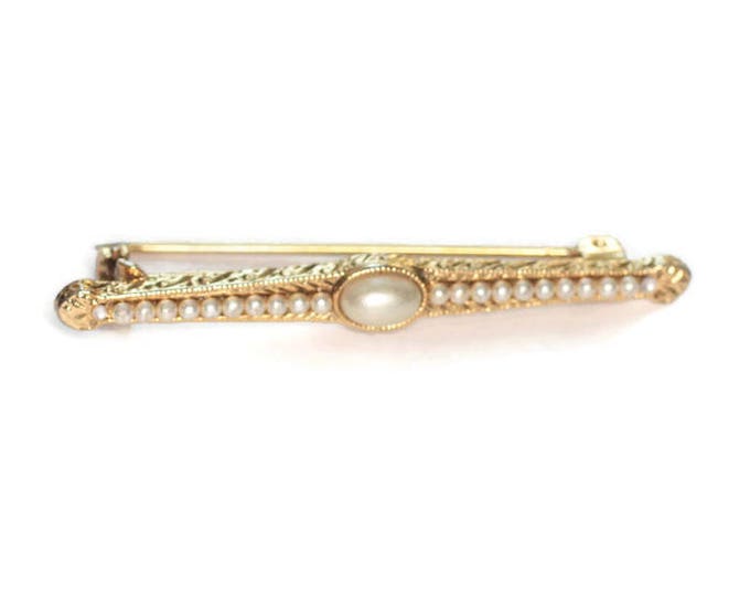 Faux Pearl Bar Pin Gold Tone Victorian Revival Vintage