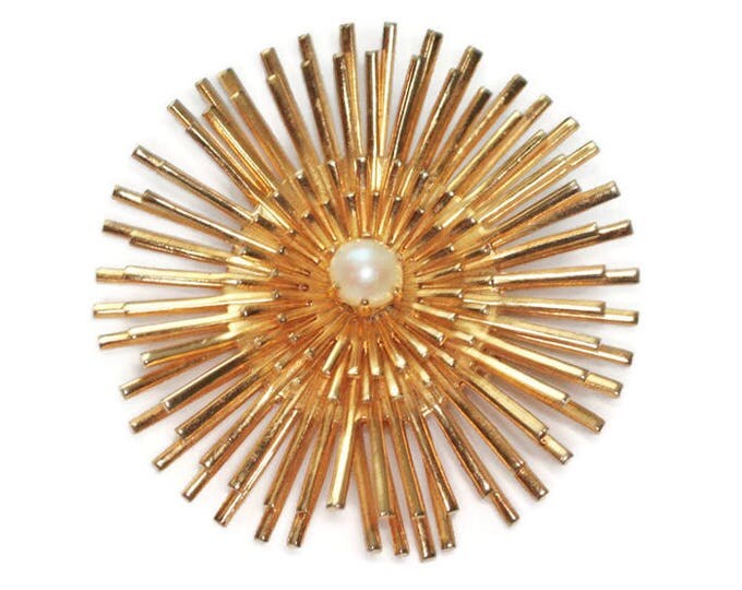 Retro Sunburst Brooch Faux Pearl Center Gold Tone Metal Vintage