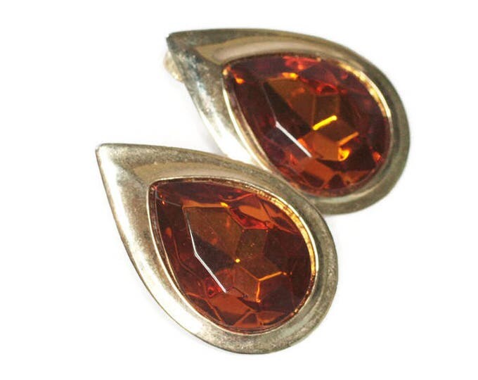 Amber Glass Tear Drop Earrings Gold Tone Bold Clip On Vintage 1980s