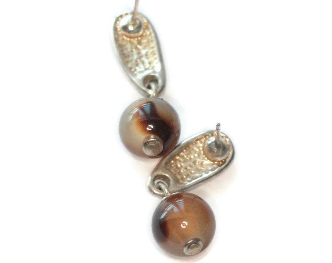 Faux Tortoise Shell Dangle Earrings Lucite Drops Dangles Silver Tone Posts Pierced Vintage