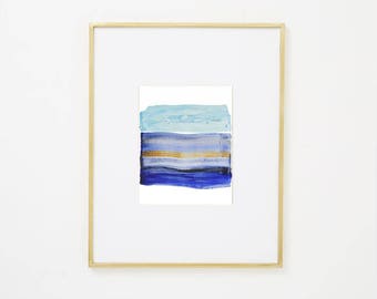 Abstract Ocean Original Watercolor Painting, blue, brown yellow, 8 x 10" expressionist art "Painting 983" modern minimal colorful art