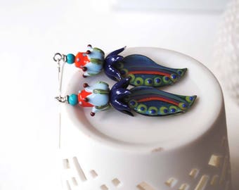 Fairy Flower Earrings, Colorful Earrings, Striped Earrings, Leaf Earrings, Artisan Enamel Earrings, Lampwork Glass Bead Earrings, Whimsical