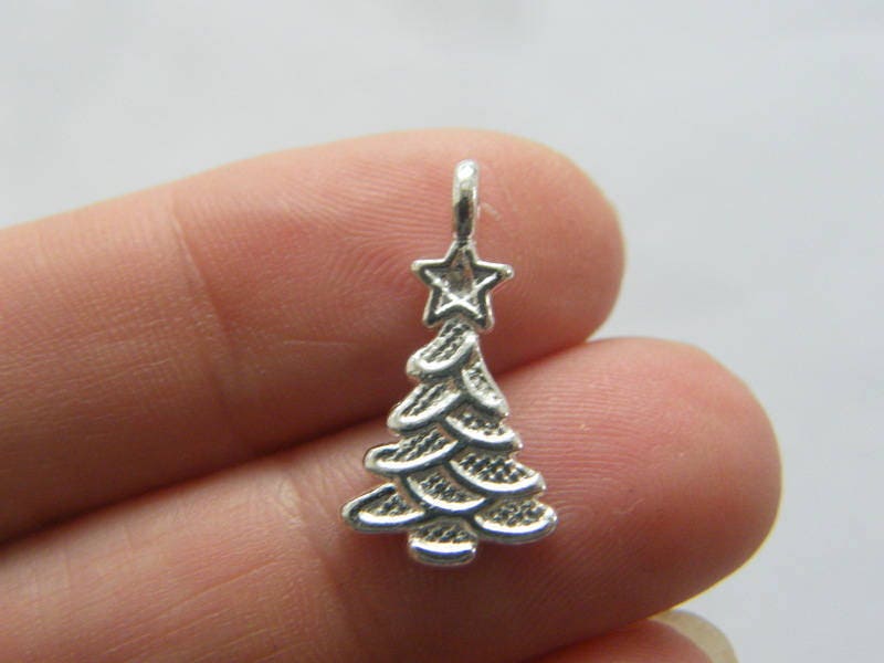 BULK 50 Christmas tree charms silver plated tone CT230