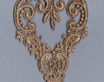Hand Dyed Venise Lace Applique Victorian Heart Aged Tea Gold Patina