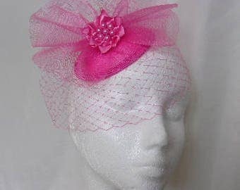 Bright Fuchsia Hot Lipstick Pink Vintage Style Blusher Veil & Crinoline Percher Fascinator Hat - Wedding - Made to Order