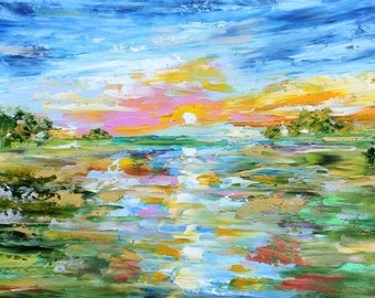 Glory in the Sky palette knife oil paint impressionism and mixed media on canvas art by Karen Tarlton
