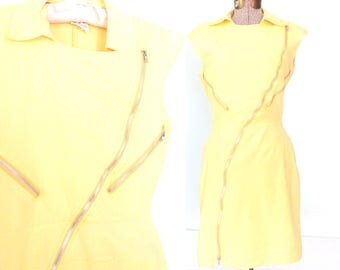 vintage 80s dress * moto zipper dress * 1980s mini dress * pale yellow dress * sheath dress * small