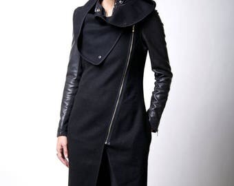 50% SALE Black Vest / Asymmetrical Vest with Zipper / Wool Sleeveless Vest / Designer Coat / marcellamoda - MC016