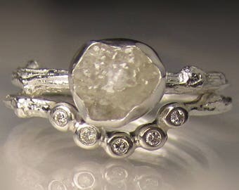 White Raw Diamond Engagement Ring, Rough Diamond Wedding Set, 1.68 Carats Uncut Diamond Twig Ring