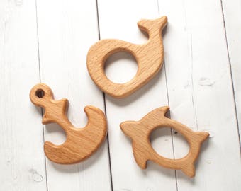 Nautical Baby Teether - Baby Whale - Infant Teether - Baby Teether - Wooden Teething Toy - Baby Chew Toy -Teething Ring - Wood Teething Ring