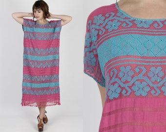 Mexican Dress Boho Dress Ethnic Dress Caftan Dress Hippie Dress Beach Cover Up Vintage 70s Floral Dress Woven Boho Summer Maxi Dress M