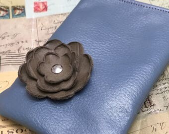 Blue Taupe Poppy Flower Cell Phone Ipod Iphone Droid Gadget Case Zipper Pouch