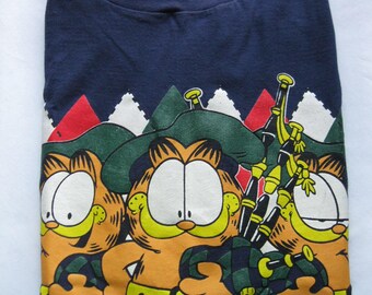 PAWS Garfield T-Shirt Scottish Bagpipes 1995 No Tag Adult Navy Blue