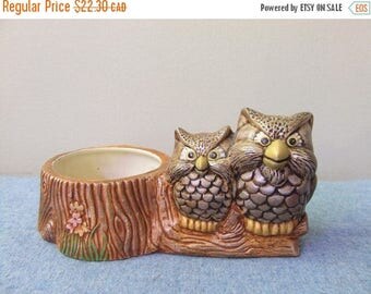 CLEARANCE 1970s Owl Planter - Owls on a Log Ceramic Hand Painted Mini Planter Home Decor Collectible 70s Woodland Owls