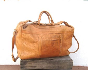20% Off Sale 80s Large Duffle Overnight Weekender Distressed Tan Leather Buckled Tote Travel Bag