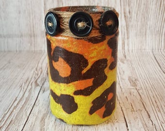 Nightlight Jar, Upcycled jar light, leopard print, Decoupage, recycled, rustic, chic, pen holder, vase, repurposed, large cat, animal print