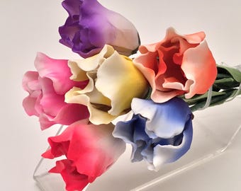 Half A Dozen Beautiful CERAMIC Porcelain Flowers Of China bendable wire stem