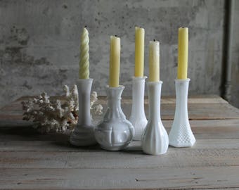 5 Vintage Milk Glass Vases / Candle Holders - No. 3