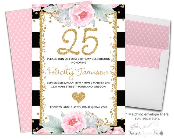 FLORAL 25th Birthday Invitation, 25th Birthday Party Invitation, Milestone Birthday, Surprise Party Invitation, Black and White Striped Il_570xn