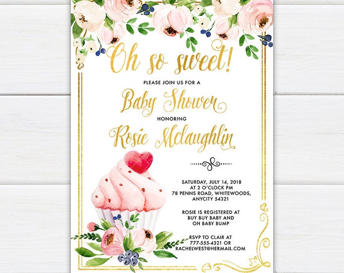 Cupcake Baby Shower Invitation, Oh So Sweet Dainty Pink and Gold Glitter Floral and Cupcake Girl Baby Shower Party Printable Invitation v.2