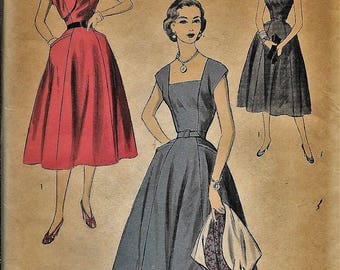 Vintage 1950s Or 1960s Advance 6371 Fitted Dress Full Skirt Square Neck Sewing Pattern Size 16 Bust 34