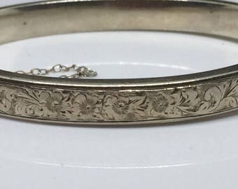 Vintage VTG Birks & Sons Sterling Floral Etched Hinged Bracelet Circa 1950's