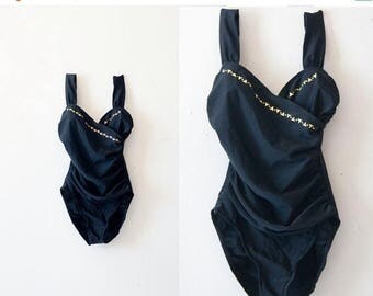 30% OFF SALE Vintage RETRO // black diamond pattern // stud one piece swimsuit // sweetheart cut // modest swimsuit