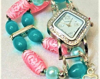 Beaded, Pink, Turquoise Colored Beads, Glass Pearls, Interchangeable Watchband, Gifts for Her