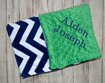 Monogrammed Baby Blanket - Chevron Minky Navy Blue and Kelly Green Personalized Boy, blanket with name Newborn
