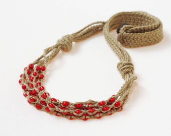 Red necklace Multi strand crochet beaded necklace Natural linen jewelry Boho chic Rustic necklace Gift under 20 for her Bohemian style