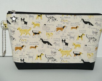 Large Padded Zipper Pouch/Pencil Case/Cosmetic Case with Pocket Made with Japanese Cotton Linen Fabric "Dog Dictionary"