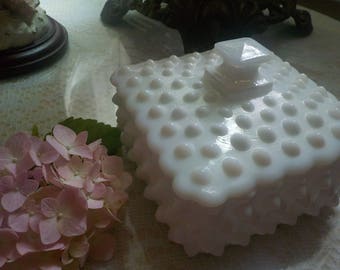 White Milk Glass Fenton Hobnail Cigarette Box with Lid