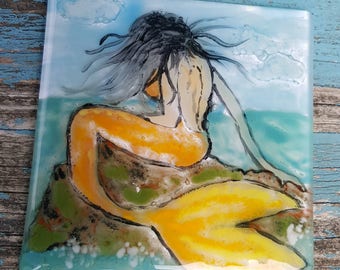 Mermaid wall hanging. Hand Painted Mermaid. Fused Glass SRAJD, GBUK, fhf