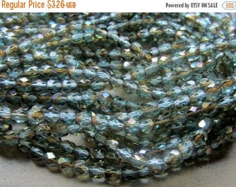 ON SALE Czech Glass Bead 4mm Fire Polish Aqua Celsian 1 Strand