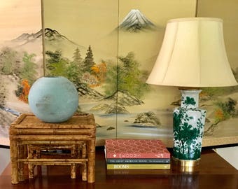 Vintage Hand Painted Green Chinoiserie Style Table Lamp, Pottery on a Brass Base, Rewired
