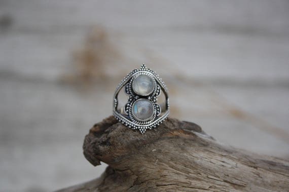 TRIBAL MOONSTONE RING- Sterling Silver- Gemstone Ring- Moonchild- Glitter- Galaxy- Bohemian-Statement Ring- Rare- Handmade crystal ring