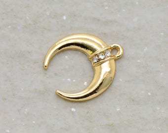 1 - Rhinestone Crescent Charm - 24k Gold Plated Brass Layered Charm Minimal Jewelry Pendant (AR094)