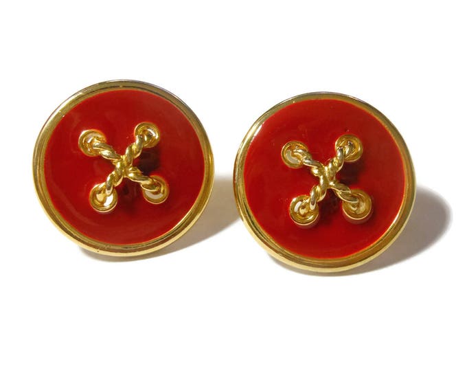 Red nautical earrings, red and gold, button style with gold crisscrossed rope on red enamel with gold rims, nautical clip earrings