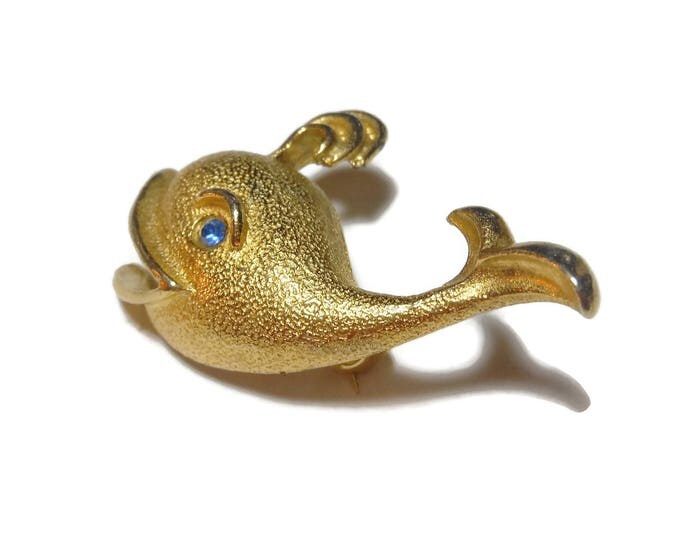 FREE SHIPPING Gerry's whale brooch, spouting whale pin, matte pebbly finish, finely detailed, bright blue rhinestone eye, small figural